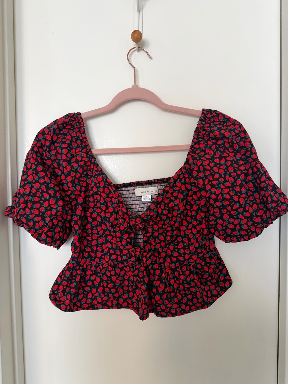 Strawberry Tie-Front Puff Sleeve Peplum Crop Top
